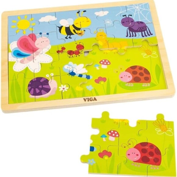 VIGA 24 Pcs Flat Wooden Puzzle w/Tray -Park Insects New Sealed For Age 2+ - Picture 3 of 16